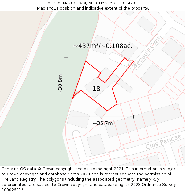 18, BLAENAU'R CWM, MERTHYR TYDFIL, CF47 0JD: Plot and title map