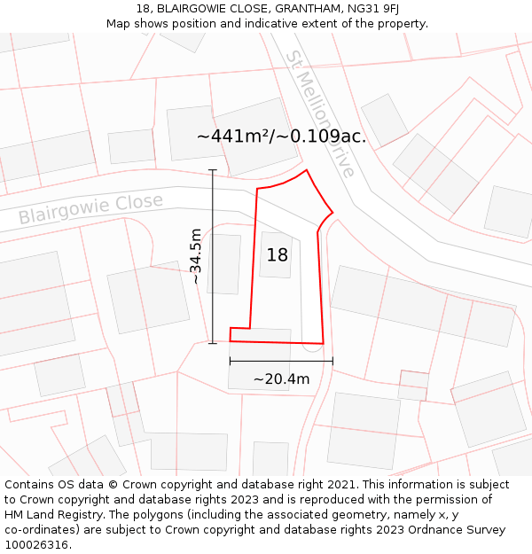 18, BLAIRGOWIE CLOSE, GRANTHAM, NG31 9FJ: Plot and title map