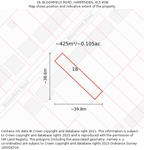 18, BLOOMFIELD ROAD, HARPENDEN, AL5 4DB: Plot and title map