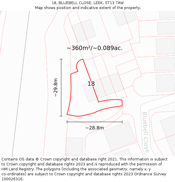 18, BLUEBELL CLOSE, LEEK, ST13 7AW: Plot and title map