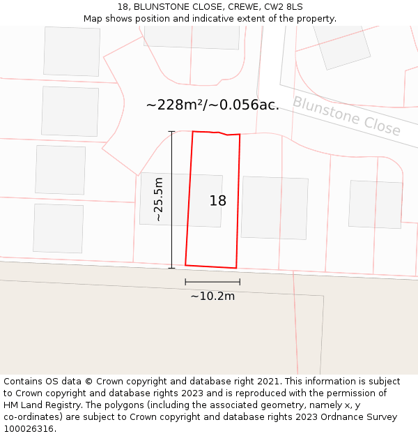 18, BLUNSTONE CLOSE, CREWE, CW2 8LS: Plot and title map