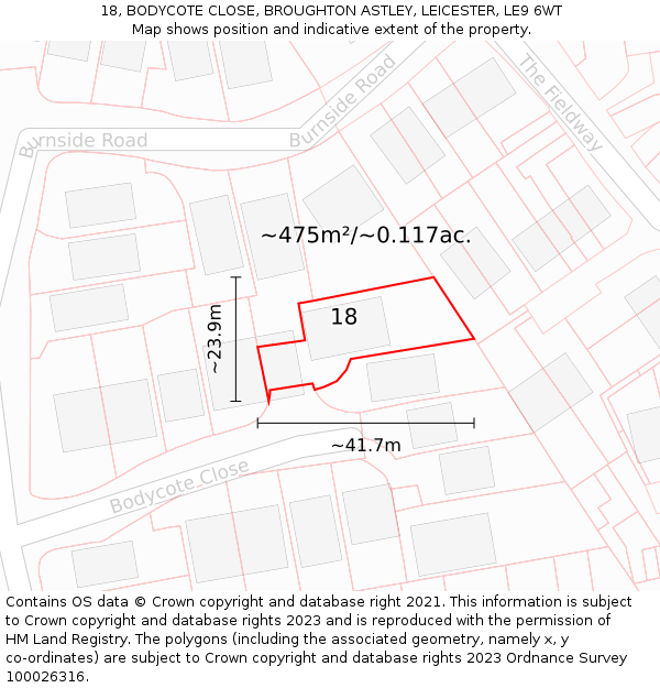 18, BODYCOTE CLOSE, BROUGHTON ASTLEY, LEICESTER, LE9 6WT: Plot and title map