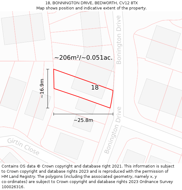 18, BONNINGTON DRIVE, BEDWORTH, CV12 8TX: Plot and title map