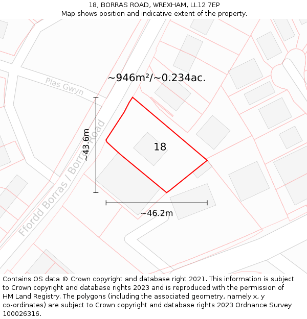 18, BORRAS ROAD, WREXHAM, LL12 7EP: Plot and title map