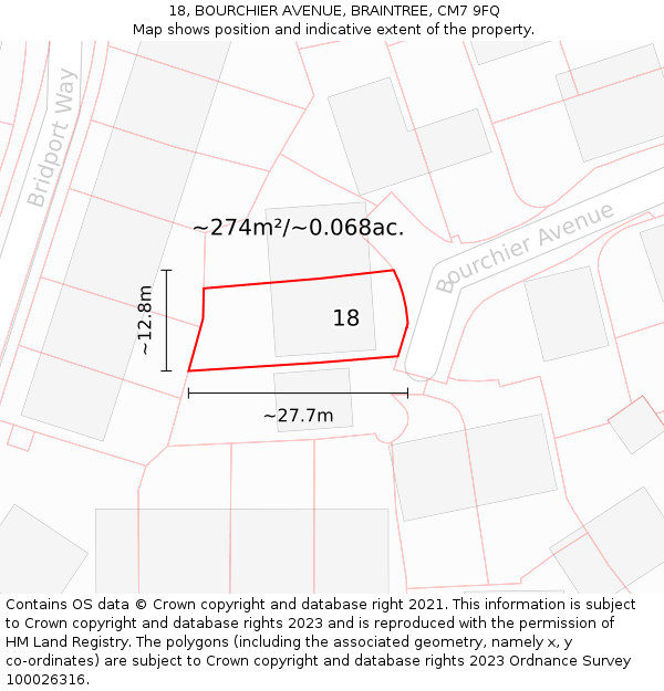18, BOURCHIER AVENUE, BRAINTREE, CM7 9FQ: Plot and title map