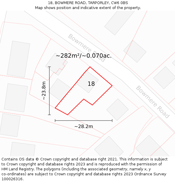 18, BOWMERE ROAD, TARPORLEY, CW6 0BS: Plot and title map