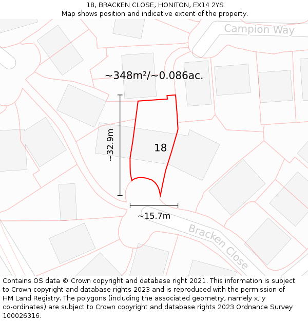 18, BRACKEN CLOSE, HONITON, EX14 2YS: Plot and title map