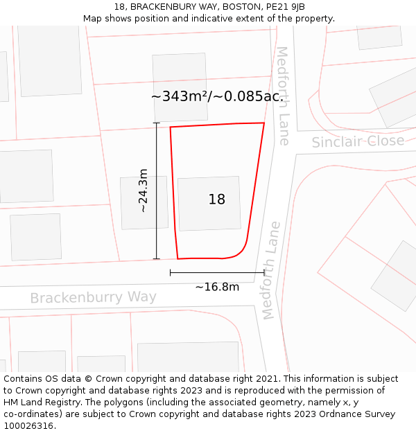 18, BRACKENBURY WAY, BOSTON, PE21 9JB: Plot and title map