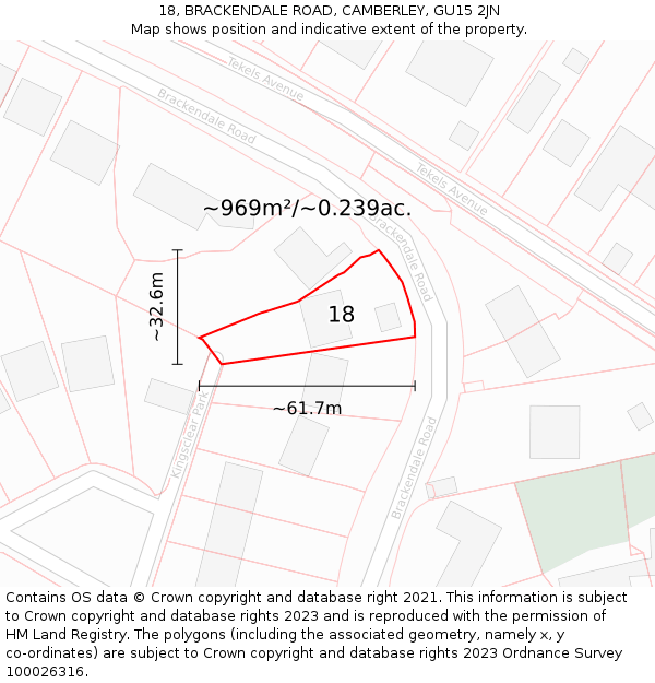 18, BRACKENDALE ROAD, CAMBERLEY, GU15 2JN: Plot and title map