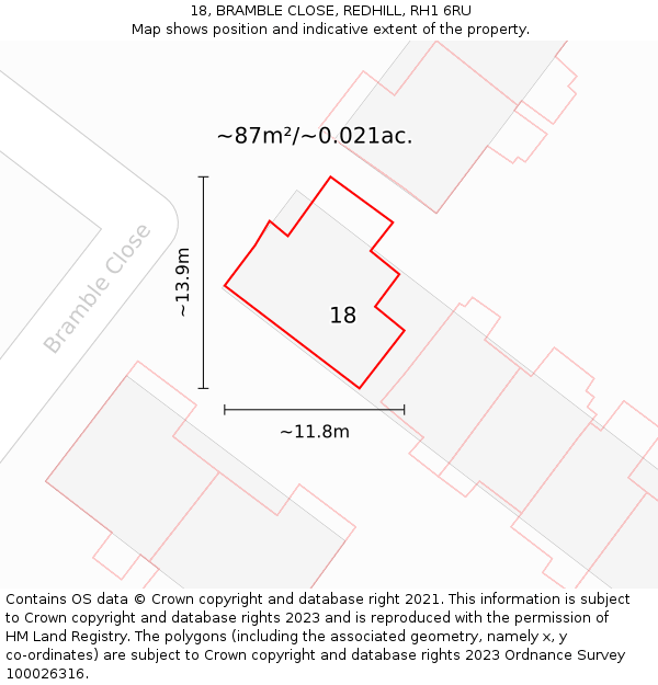 18, BRAMBLE CLOSE, REDHILL, RH1 6RU: Plot and title map