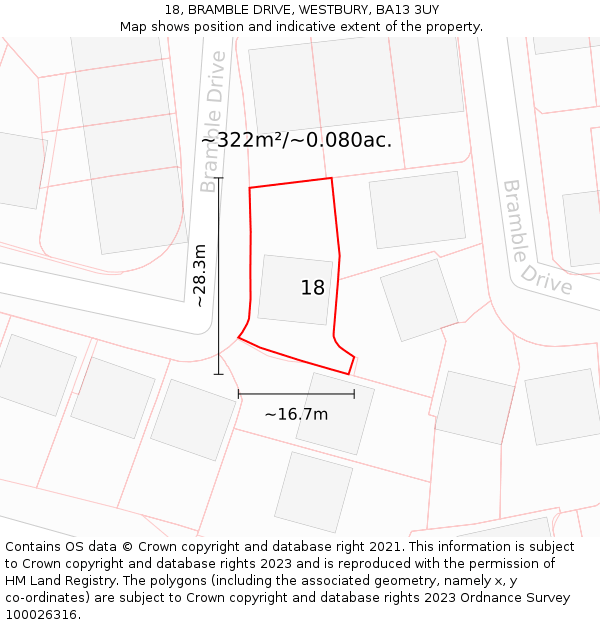 18, BRAMBLE DRIVE, WESTBURY, BA13 3UY: Plot and title map