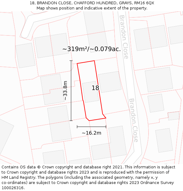 18, BRANDON CLOSE, CHAFFORD HUNDRED, GRAYS, RM16 6QX: Plot and title map