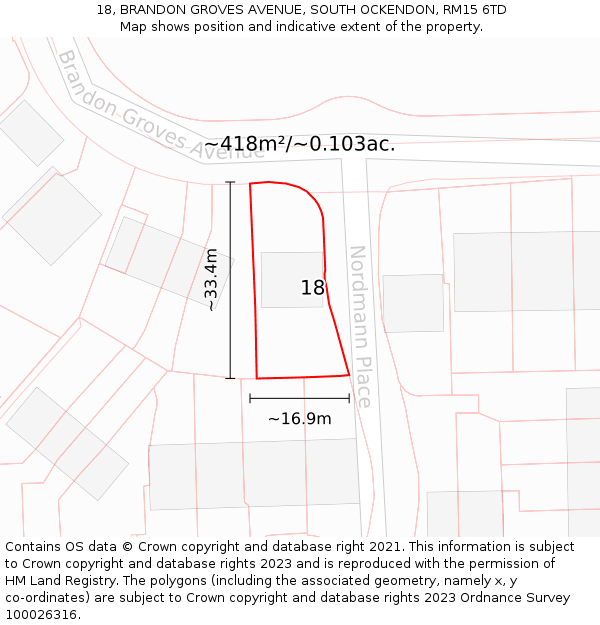 18, BRANDON GROVES AVENUE, SOUTH OCKENDON, RM15 6TD: Plot and title map