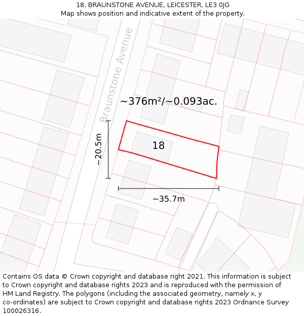 18, BRAUNSTONE AVENUE, LEICESTER, LE3 0JG: Plot and title map