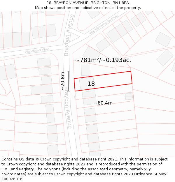 18, BRAYBON AVENUE, BRIGHTON, BN1 8EA: Plot and title map