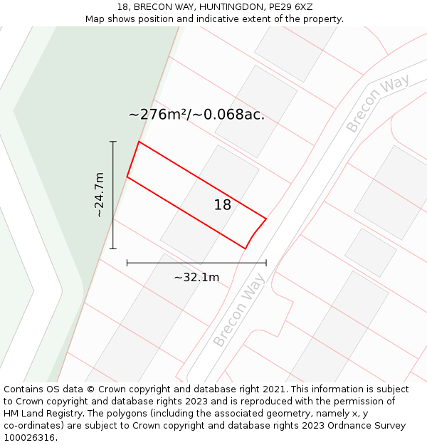 18, BRECON WAY, HUNTINGDON, PE29 6XZ: Plot and title map