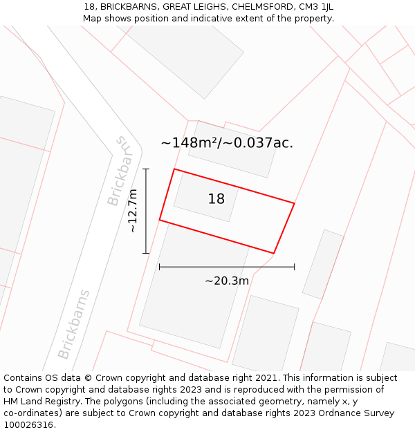18, BRICKBARNS, GREAT LEIGHS, CHELMSFORD, CM3 1JL: Plot and title map
