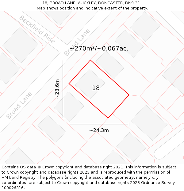 18, BROAD LANE, AUCKLEY, DONCASTER, DN9 3FH: Plot and title map