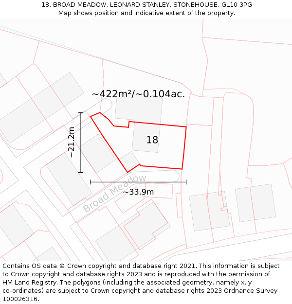 18, BROAD MEADOW, LEONARD STANLEY, STONEHOUSE, GL10 3PG: Plot and title map