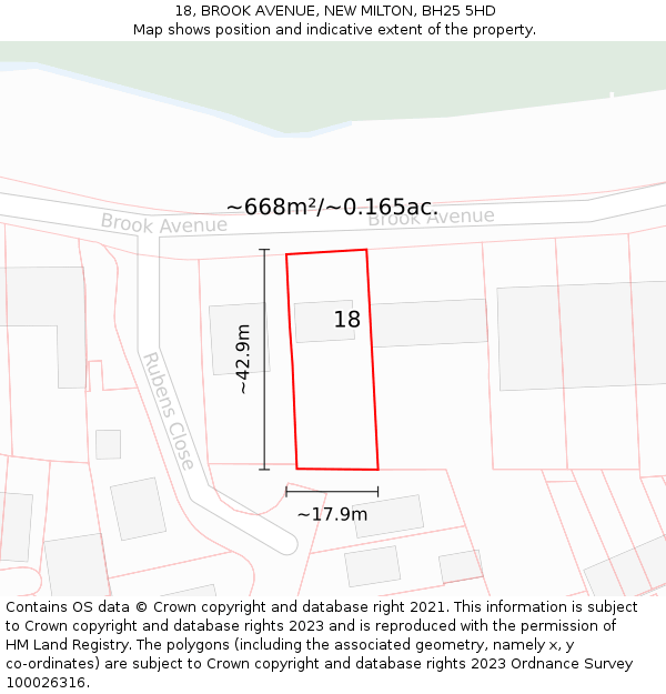 18, BROOK AVENUE, NEW MILTON, BH25 5HD: Plot and title map