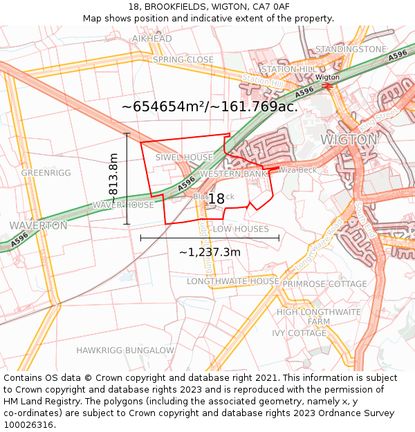 18, BROOKFIELDS, WIGTON, CA7 0AF: Plot and title map