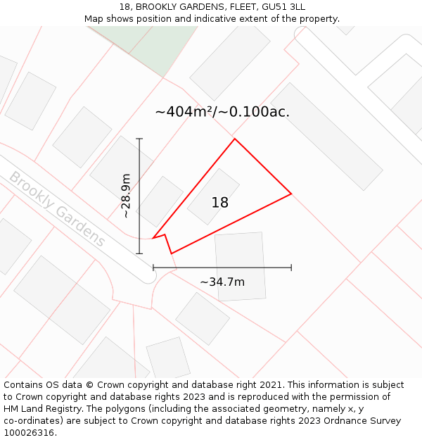 18, BROOKLY GARDENS, FLEET, GU51 3LL: Plot and title map