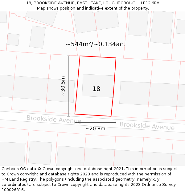 18, BROOKSIDE AVENUE, EAST LEAKE, LOUGHBOROUGH, LE12 6PA: Plot and title map