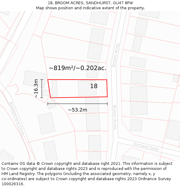 18, BROOM ACRES, SANDHURST, GU47 8PW: Plot and title map