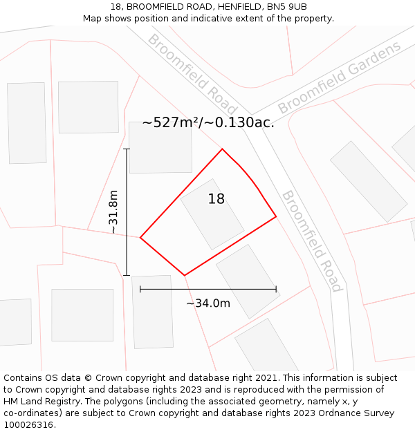 18, BROOMFIELD ROAD, HENFIELD, BN5 9UB: Plot and title map