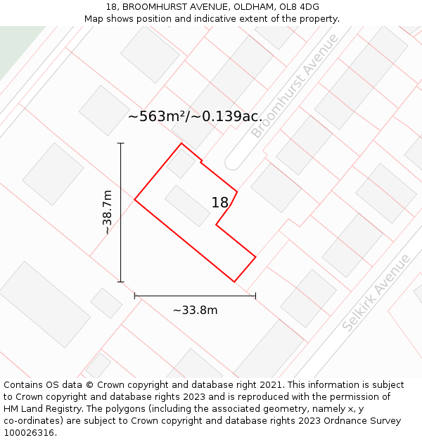 18, BROOMHURST AVENUE, OLDHAM, OL8 4DG: Plot and title map