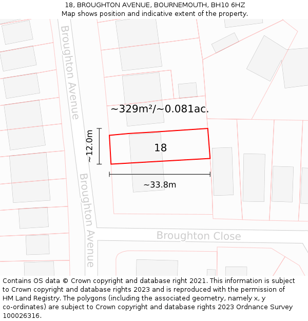 18, BROUGHTON AVENUE, BOURNEMOUTH, BH10 6HZ: Plot and title map