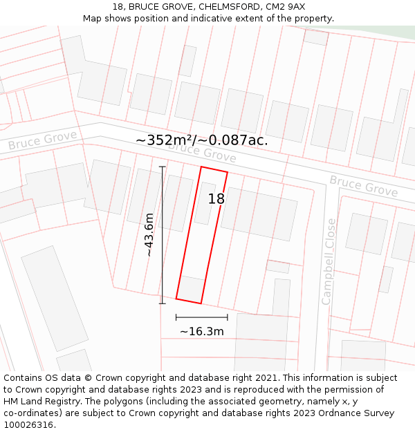 18, BRUCE GROVE, CHELMSFORD, CM2 9AX: Plot and title map