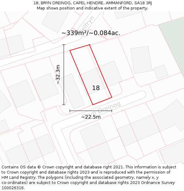 18, BRYN DREINOG, CAPEL HENDRE, AMMANFORD, SA18 3RJ: Plot and title map