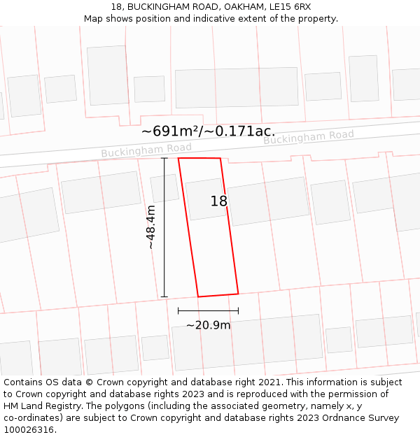 18, BUCKINGHAM ROAD, OAKHAM, LE15 6RX: Plot and title map