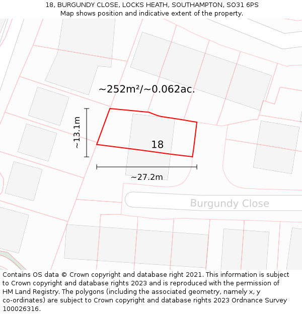 18, BURGUNDY CLOSE, LOCKS HEATH, SOUTHAMPTON, SO31 6PS: Plot and title map