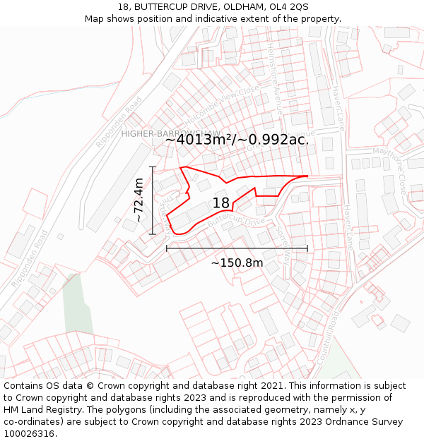 18, BUTTERCUP DRIVE, OLDHAM, OL4 2QS: Plot and title map