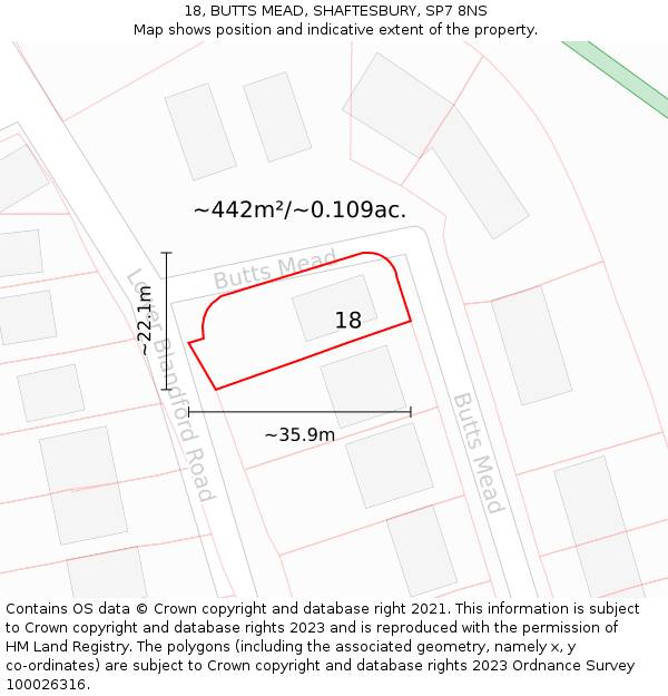 18, BUTTS MEAD, SHAFTESBURY, SP7 8NS: Plot and title map