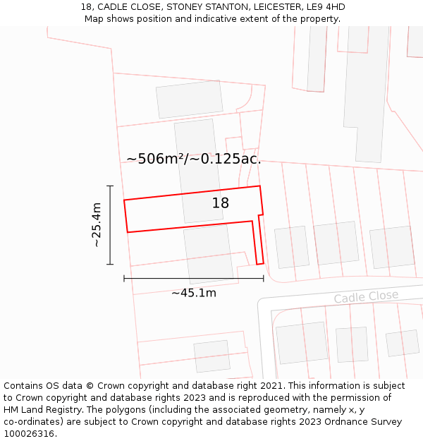 18, CADLE CLOSE, STONEY STANTON, LEICESTER, LE9 4HD: Plot and title map