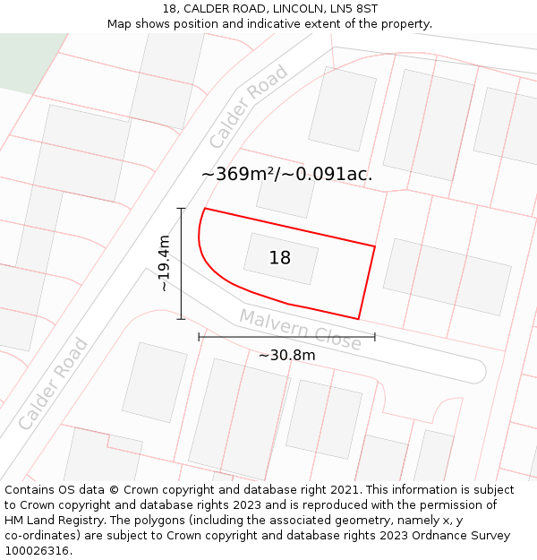 18, CALDER ROAD, LINCOLN, LN5 8ST: Plot and title map