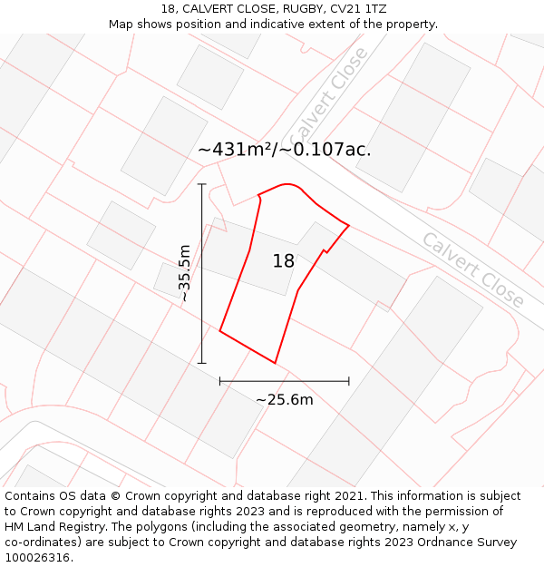 18, CALVERT CLOSE, RUGBY, CV21 1TZ: Plot and title map