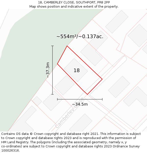 18, CAMBERLEY CLOSE, SOUTHPORT, PR8 2PP: Plot and title map