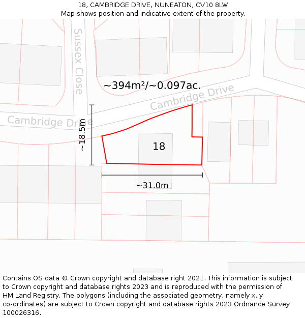 18, CAMBRIDGE DRIVE, NUNEATON, CV10 8LW: Plot and title map