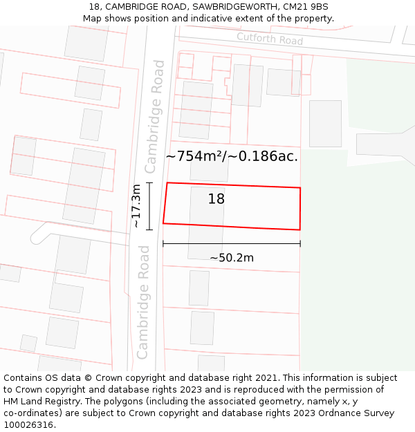 18, CAMBRIDGE ROAD, SAWBRIDGEWORTH, CM21 9BS: Plot and title map