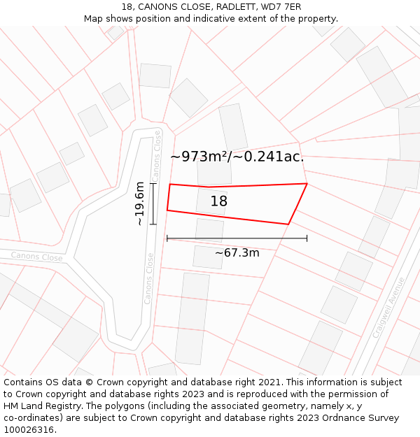 18, CANONS CLOSE, RADLETT, WD7 7ER: Plot and title map