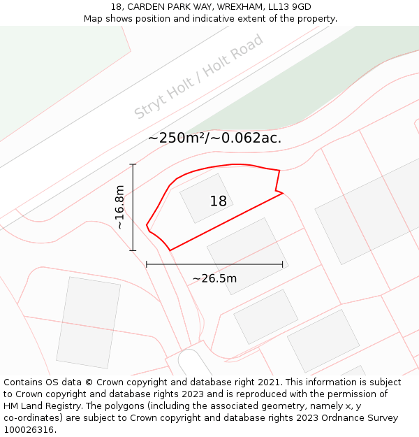 18, CARDEN PARK WAY, WREXHAM, LL13 9GD: Plot and title map