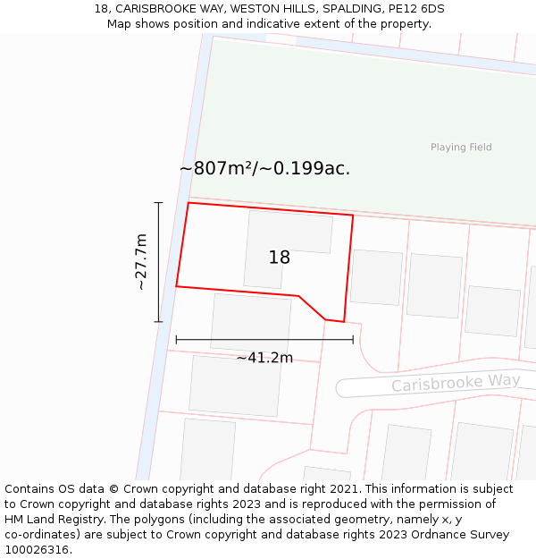 18, CARISBROOKE WAY, WESTON HILLS, SPALDING, PE12 6DS: Plot and title map