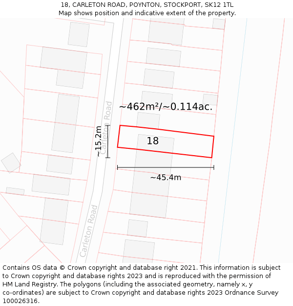18, CARLETON ROAD, POYNTON, STOCKPORT, SK12 1TL: Plot and title map