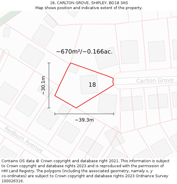 18, CARLTON GROVE, SHIPLEY, BD18 3AS: Plot and title map