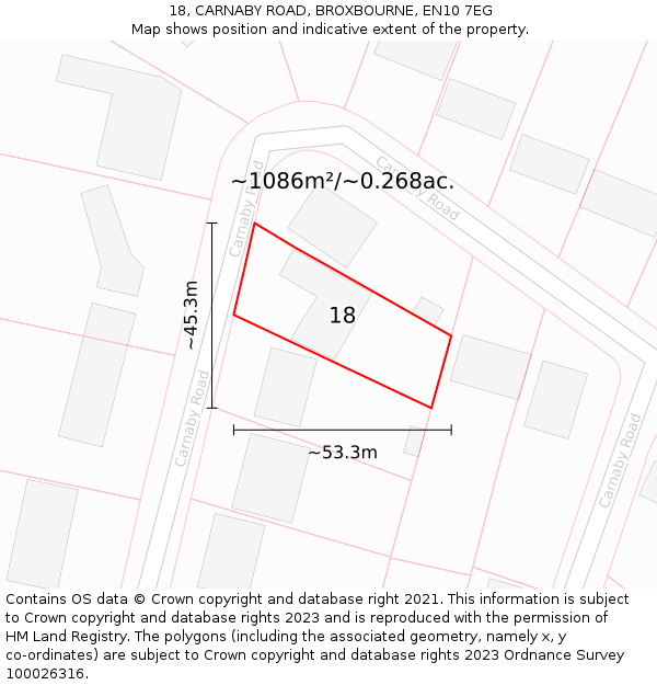 18, CARNABY ROAD, BROXBOURNE, EN10 7EG: Plot and title map