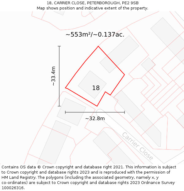 18, CARRIER CLOSE, PETERBOROUGH, PE2 9SB: Plot and title map